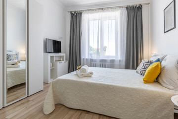Bright Modern Bedroom with TV, Mirror and Decorated Bed