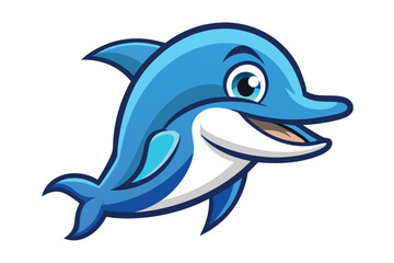 Cheerful blue dolphin with large eyes and open mouth swims happily in the ocean