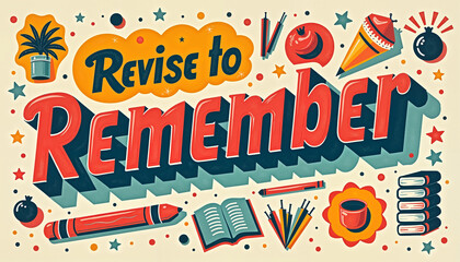 Revise to Remember retro illustration with study supplies
