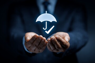 High quality photo of man holds out his hands with an umbrella and checkmark icons inside, symbolizing life insurance protection against dangerous events. The background is dark.