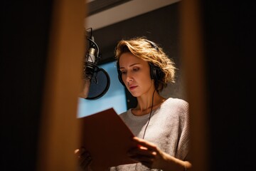 Woman prepares herself and a material before voice recording. Soundproof room for professional recording vocal. Voice artist works with material before dubbing or voice over process