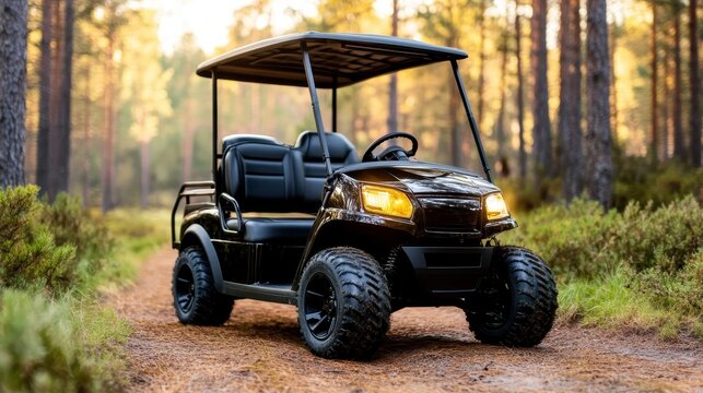 A powerful black golf cart sits on a dirt path surrounded by lush pine trees, symbolizing adventure and freedom in outdoor recreational activities and leisure pursuits. - Powered by Adobe