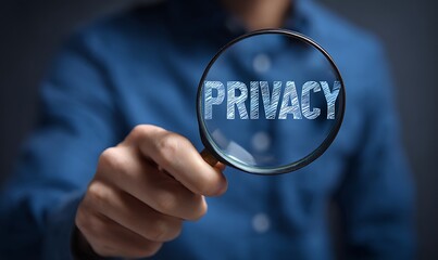 High quality photo of man in a blue shirt holding a magnifying glass with the words "PRIVACY" written on it, looking at data and personal information under the lens. This concept.