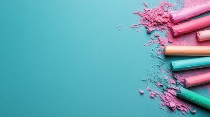 An artistic composition featuring colorful chalk pieces scattered on an aqua background, highlighting creativity, fun, and the vibrant expression of artistic talent in education.