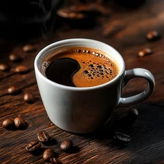 Fotobehang Cup of coffee with grains on wooden background --profile 773ghdn. © Stock by Anika