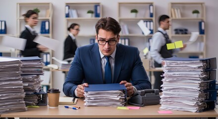Overwhelmed employee in suit sits at cluttered desk with high stacks of papers.