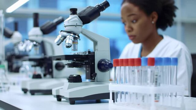 Scientist in lab coat examines samples using microscopes for medical research intently