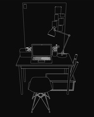 A sleek laptop sits on a wooden desk with a lamp, cup of pens, and camera nearby, while a chair faces the workspace. A board hangs in the background, all rendered in striking black and white contour.
