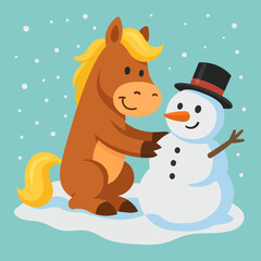 Cute cartoon horse and snowman. Vector illustration in flat style