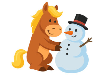 Cartoon horse and snowman. Vector illustration isolated on white background.