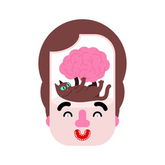 Cat and brain in head. Pet and brains. Concept: thoughts of cat lover