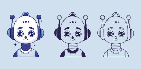 Cute Chatbot Face, Robot, Assistant AI character set. Outline and color hand drawing Avatar for tech support, chatbot, futuristic design, security. Isolated Vector doodles. Not AI