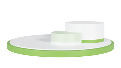 Transparent Background: Minimalist product display featuring a large white disc base, a half-cylinder light green riser, and a full white cylinder.

