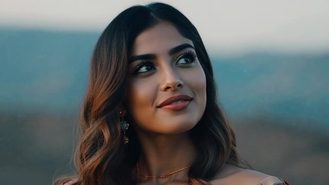 A serene portrait of a beautiful woman with long, wavy hair, gracefully gazing into the distance, with a soft smile on her face.