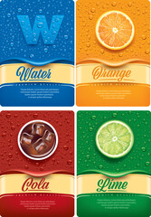 Drinks and juice background with drops and orange and lime slice. Package template for juice drinks	