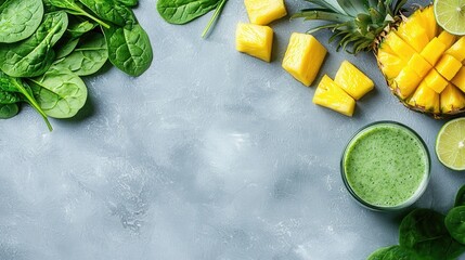 Colorful tropical ingredients laid out for green pineapple, spinach, mango, lime creating blending, smoothie preparation