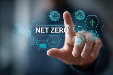 High quality photo of man touching a "NET ZERO" icon with circular and hexagonal symbols, green energy icons floating around in the background, high-quality photography, depth of.