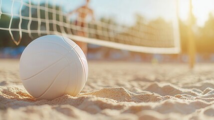 Volleyball lying on sandy beach, blurred player mid game, court sunset casting warm light across beach volleyball golden