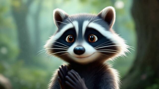 3D cartoon raccoon clapping hands mischievously.