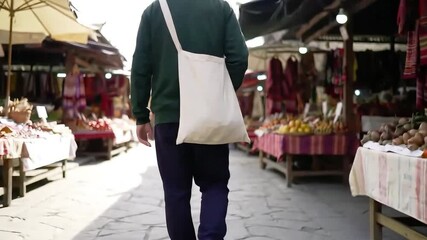 Person walking with cloth bag at traditional market in slow back-angle tracking shot