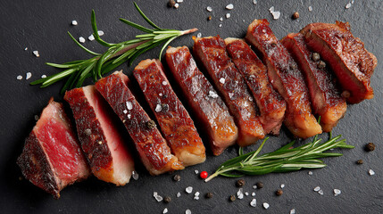 Sliced medium rare grilled Striploin steak on slate board copy space 