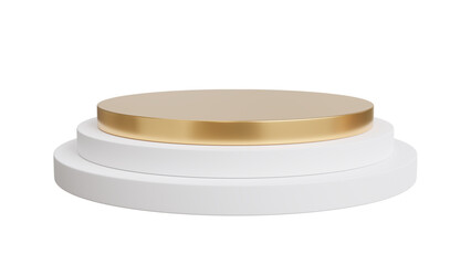Transparent Background: Luxurious three-tier round podium featuring white bases and a gleaming golden top, perfect for premium product display.

