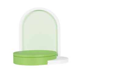 Transparent Background: Elegant light green cylindrical podium paired with a white half-cylinder and a soft arched pastel green backdrop.

