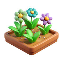 3 D Render of Small Brown Square Planter with Green Leaves and Pastel Flowers image