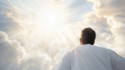 Jesus christ ascending to heaven at sunset with dramatic clouds in the background, representing resurrection, hope, and eternal life