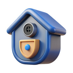 Blue House Shaped 3 D Security Camera Icon with Gray Lens and Yellow Beige Sensor
