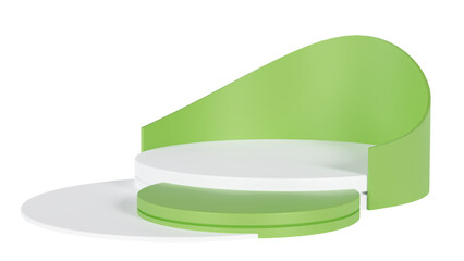 Transparent Background: Creative multi-level podium with white and light green circular platforms and a curved green backdrop, ideal for product display.

