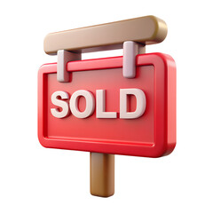 Red 3 D Sold Sign Icon with Brown Wooden Post and White Letters on Black Background