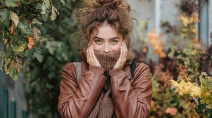 A young woman with curly hair smiles warmly, dressed in a brown leather jacket and scarf, surrounded by vibrant autumn foliage, capturing a cozy seasonal essence.