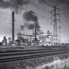 Night scene with illuminated petrochemical production plant with train tracks on the foreground, Antwerp, Belgium.