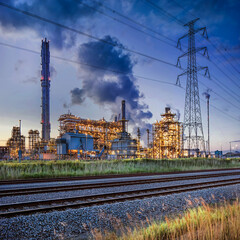 Night scene with illuminated petrochemical production plant with train tracks on the foreground, Antwerp, Belgium.