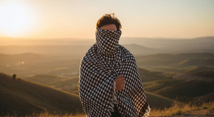 Person Covered Face Scarf Outdoors Sunset Landscape Mystery Solitude View
