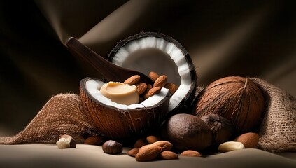 Nuts, macadamia nuts and shea butter inside the opened coconut shell. A cornerstone of African traditional herbal medicine. A healthy food source for global peace in every country.