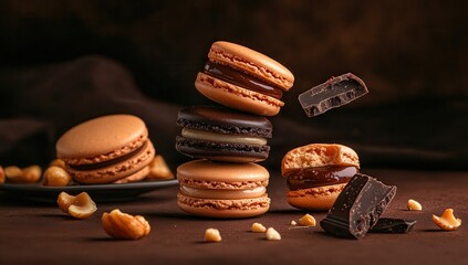 Macadamia nuts with creamy chocolate praline inside the macaron shells, surrounded by opened macaron fruits and shells, on a brown background. Macro photography, product photo.