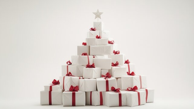 Christmas tree made gift white of boxes with silver ribbons and star on top, creating a festive and elegant holiday decoration