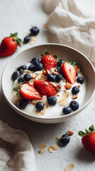 A delicious seasonal breakfast showcases creamy yogurt generously topped with vibrant strawberries, blueberries, and sliced almonds, creating a fresh and nutritious dish