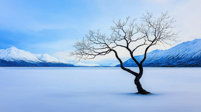 Solitary Winter Tree Surrounded by Snowy Landscape and Majestic Mountains under Blue Sky with Soft Clouds in a Peaceful Winter Setting