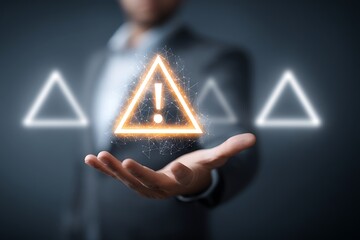 High quality photo of person holding an exclamation mark with a triangle on their hand, signifying a warning or point of attention. The background is dark gray, and the focus is.
