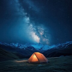 Camping in the mountains under the stars. A tent pitched up and glowing under the milky way. Photo composite. --profile 773ghdn.