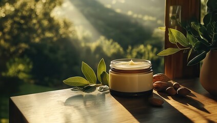 A jar of shea butter sits on the table, surrounded by matching nuts and leaves, bathed in sunlight streaming through the window, set against an outdoor backdrop with greenery. The.