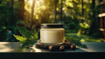 A jar of shea butter on the table, surrounded by hazelnuts and green leaves, illuminated with natural light, blurred background of trees in sunlight, close-up shot, high-resolution.