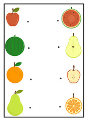 Fun worksheet for kids to match whole fruits with their sliced versions. Great for visual recognition, food learning, and preschool activities.
