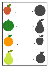 Shadow matching worksheet for preschoolers. Match the colorful fruit to its black silhouette. Great for visual recognition.