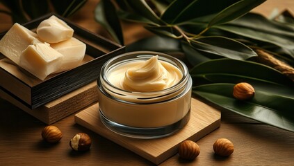 M_DSP_208635417 skin care cream jar with shea butter and macadamia nuts on a wooden table, macro shot of a natural organic cosmetic product, close-up view of a face cream in a.