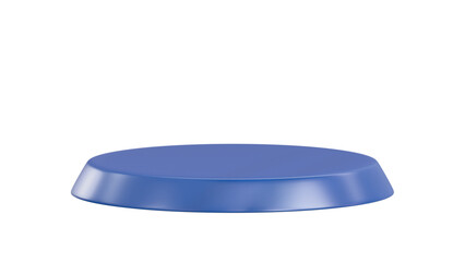 A striking sapphire blue, low-profile, circular display podium with a transparent background, featuring a subtle beveled edge, perfect for modern and sleek product presentations.

