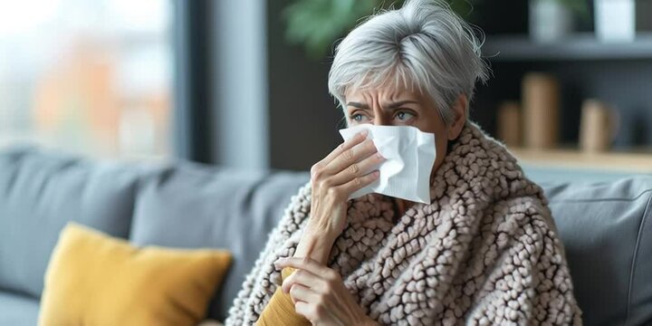 Senior Woman with Cold Sitting on Sofa Blowing Nose at Home